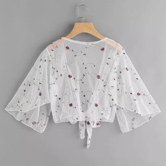 🔹Last 1🔹 Sheer Tie Top w/ Embroidered Flowers - Picture 2 of 4